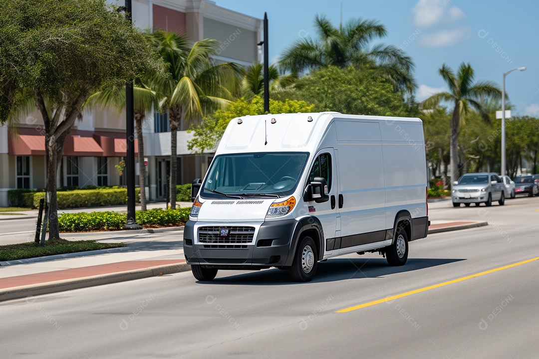 Uma van de carga branca com um trailer vazio em branco