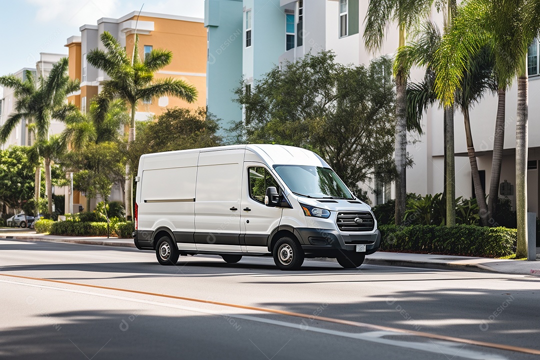 Uma van de carga branca com um trailer vazio em branco
