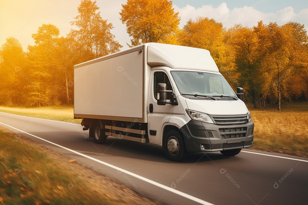 Uma van de carga branca com um trailer vazio em branco