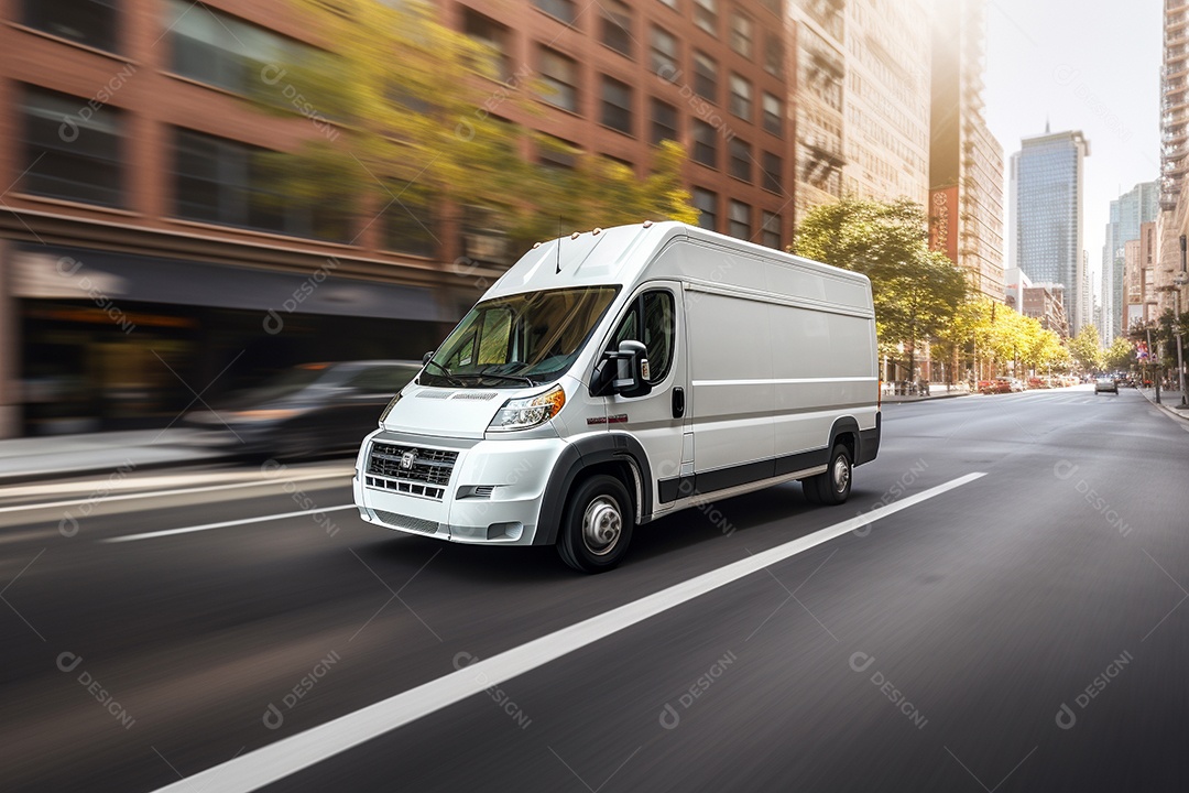 Uma van de carga branca com um trailer vazio em branco