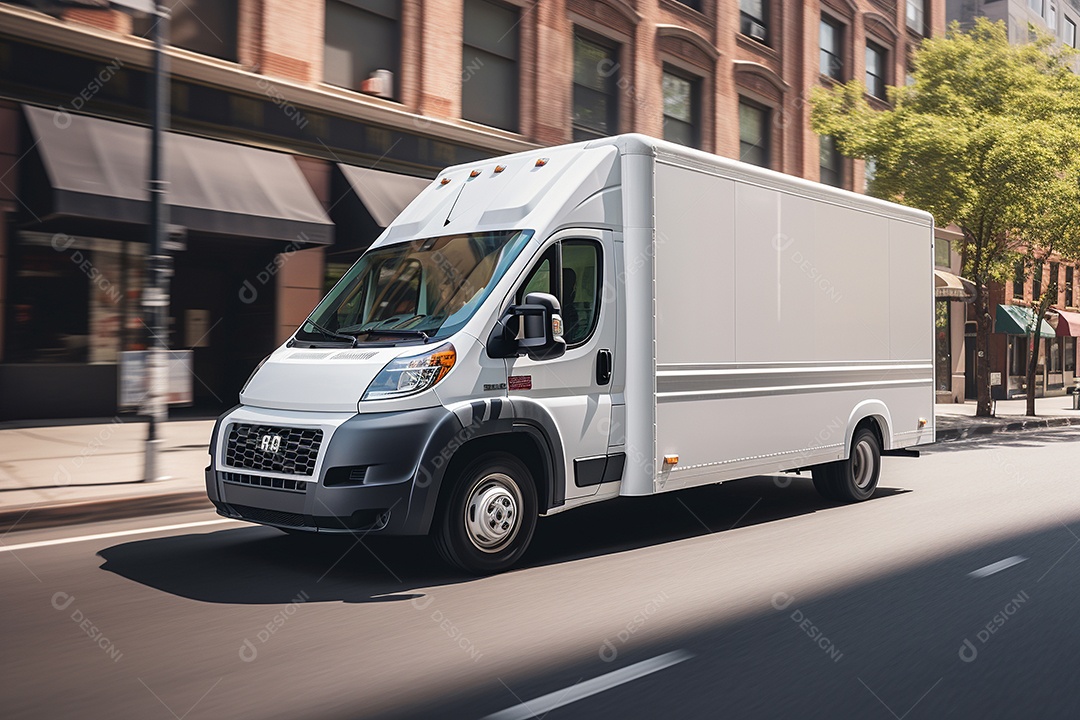 Uma van de carga branca com um trailer vazio em branco