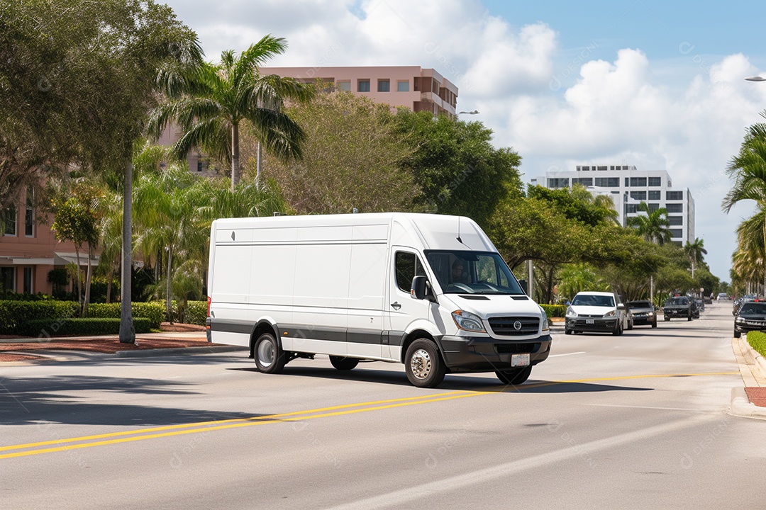 Uma van de carga branca com um trailer vazio em branco