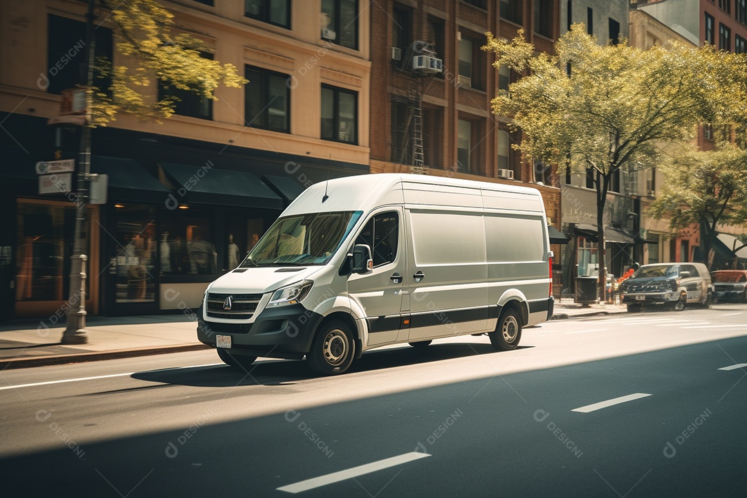 Uma van de carga branca com um trailer vazio em branco