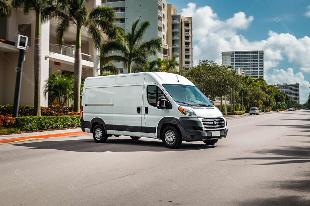 Uma van de carga branca com um trailer vazio em branco