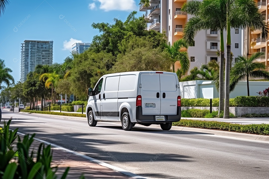 Uma van de carga branca com um trailer vazio em branco