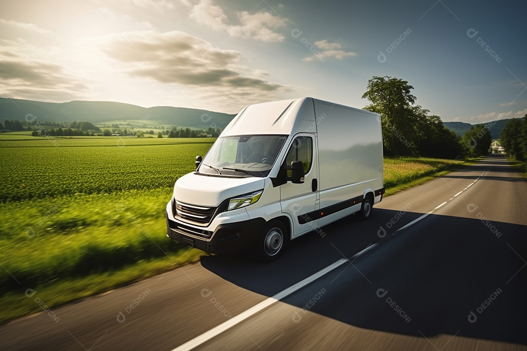 Uma van de carga branca com um trailer vazio em branco