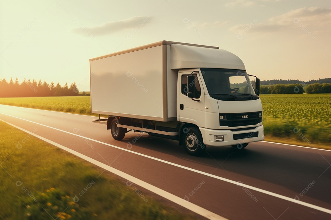 Uma van de carga branca com um trailer vazio em branco