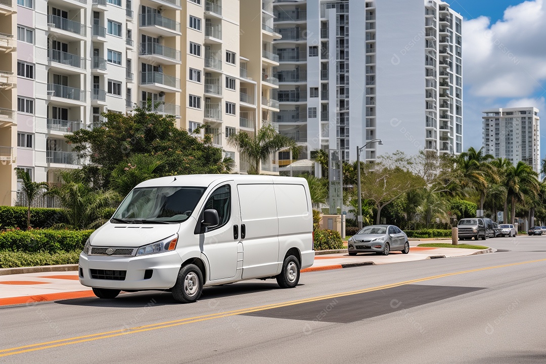 Uma van de carga branca com um trailer vazio em branco