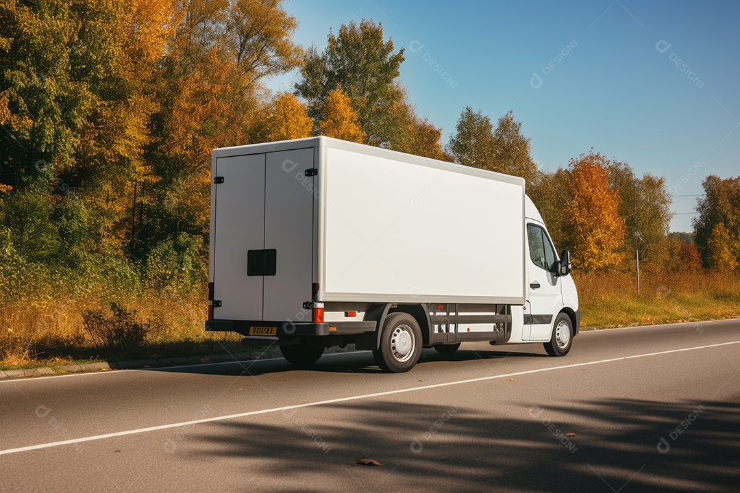 Uma van de carga branca com um trailer vazio em branco