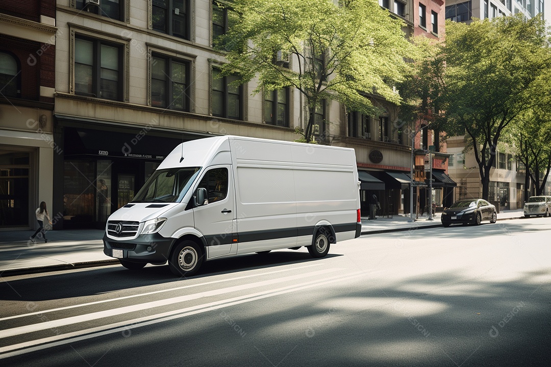 Uma van de carga branca com um trailer vazio em branco