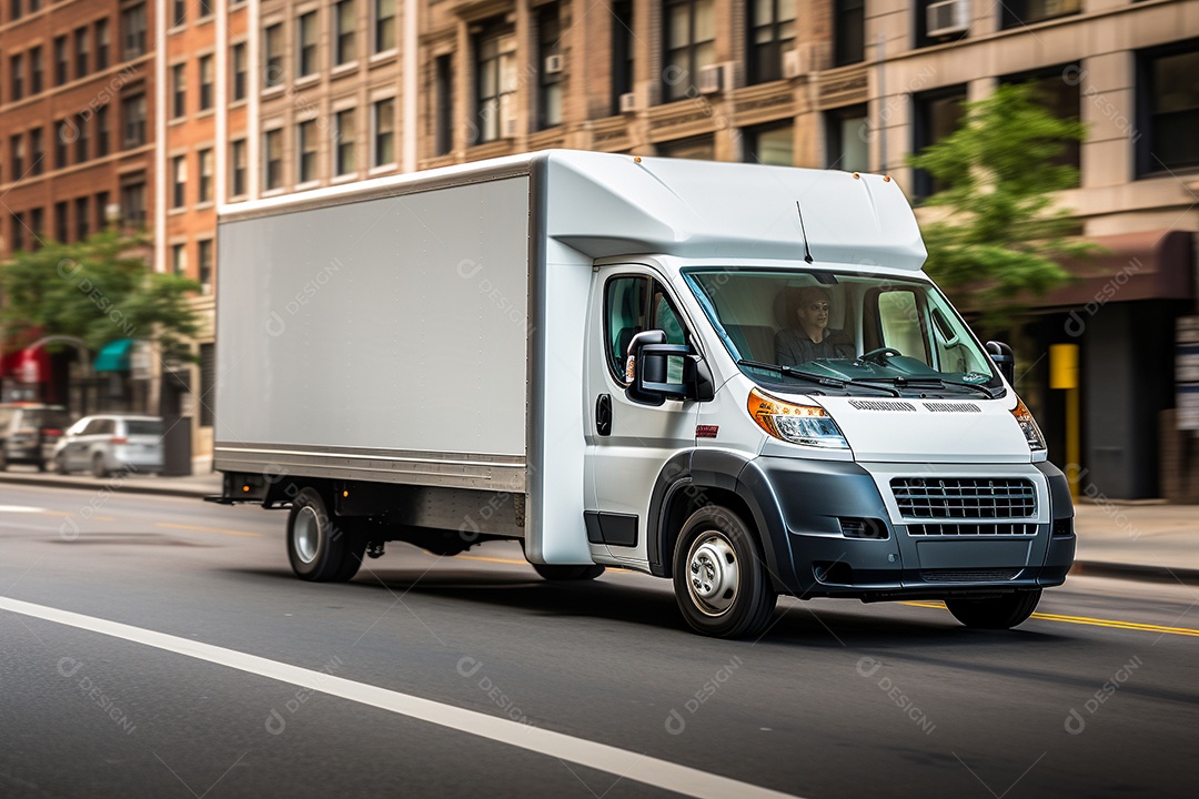 Uma van de carga branca com um trailer vazio em branco