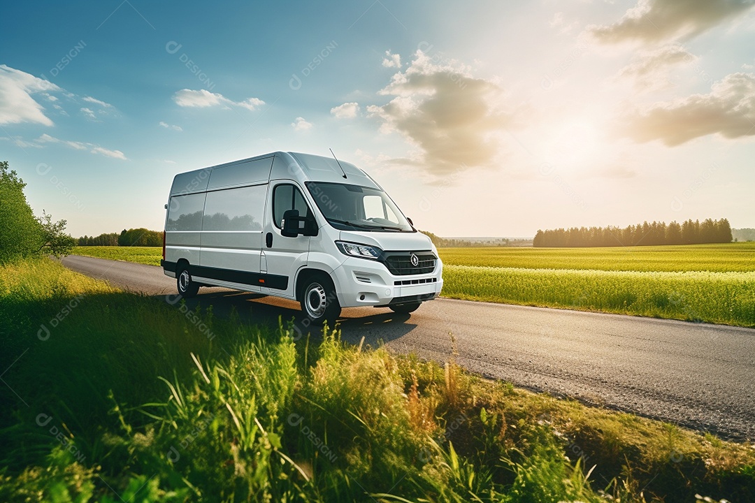 Uma van de carga branca com um trailer vazio em branco