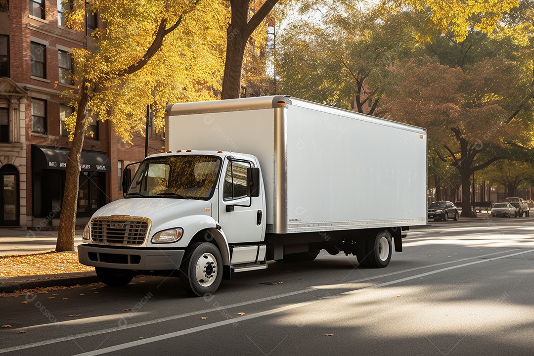 Uma van de carga branca com um trailer vazio em branco
