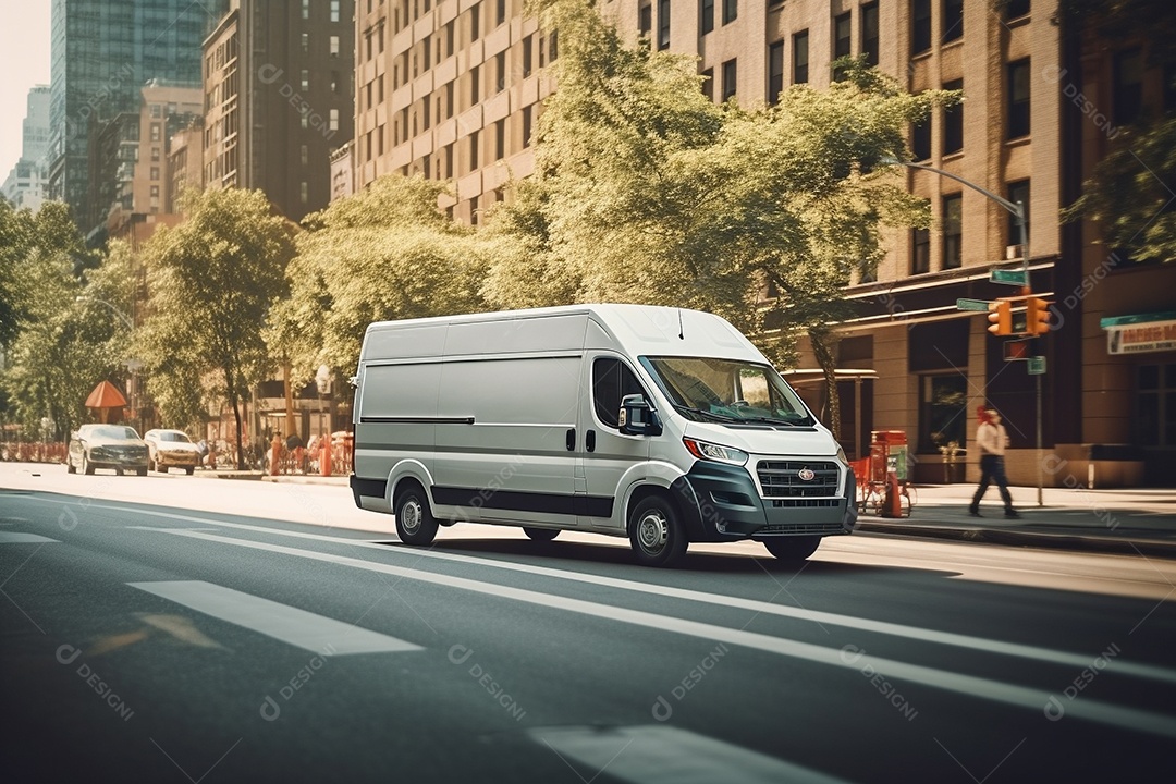 Uma van de carga branca com um trailer vazio em branco