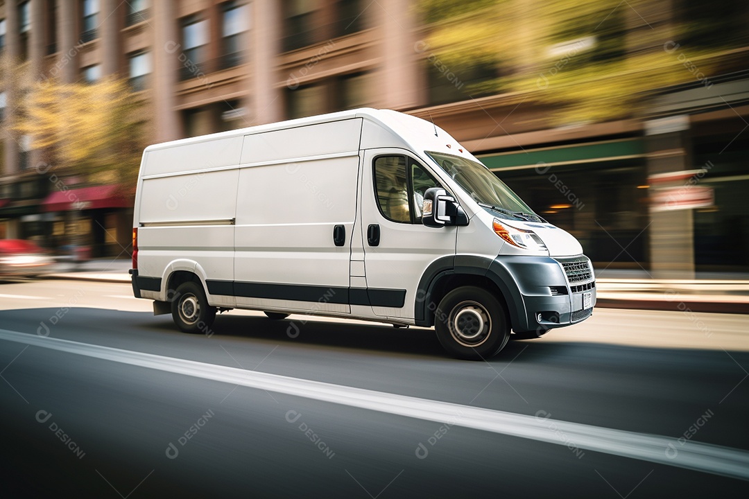 Uma van de carga branca com um trailer vazio em branco