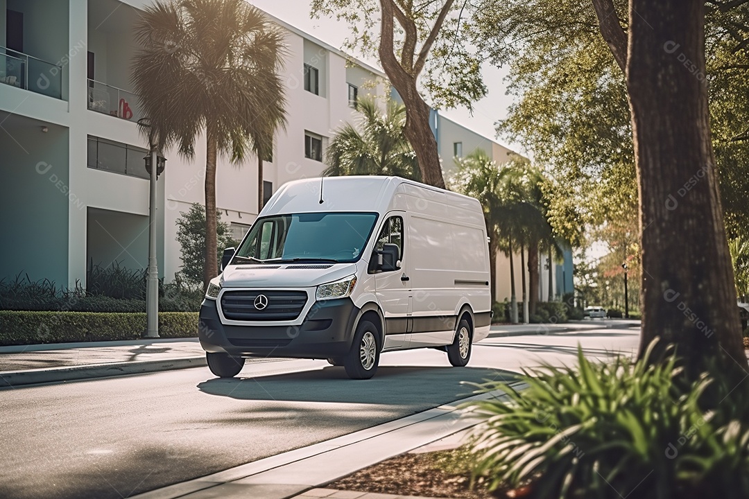 Uma van de carga branca com um trailer vazio em branco