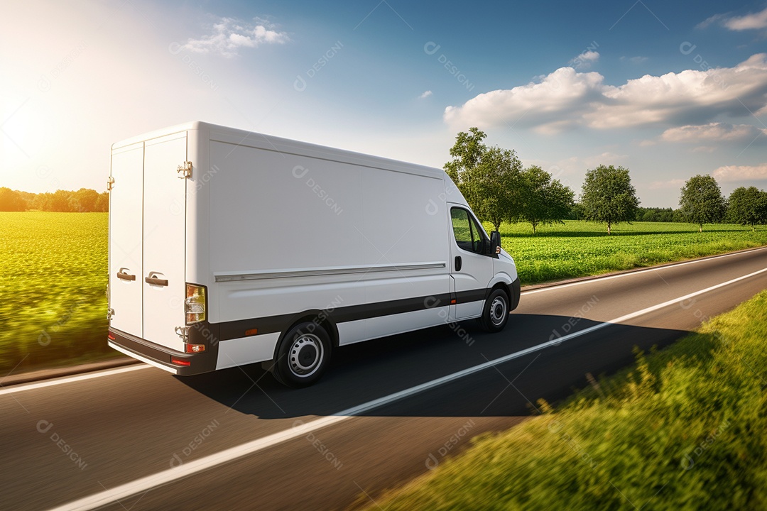 Uma van de carga branca com um trailer vazio em branco