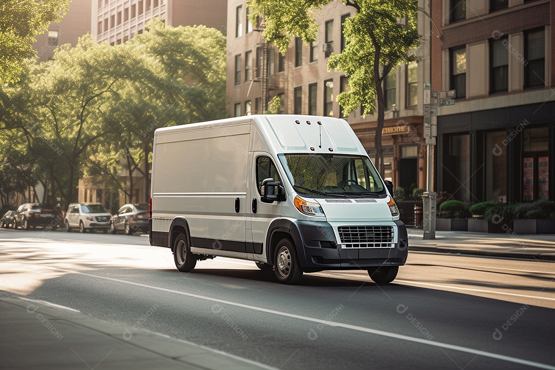 Uma van de carga branca com um trailer vazio em branco
