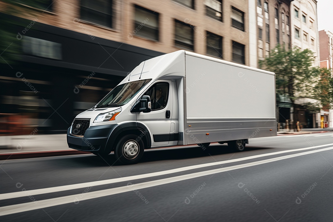 Uma van de carga branca com um trailer vazio em branco