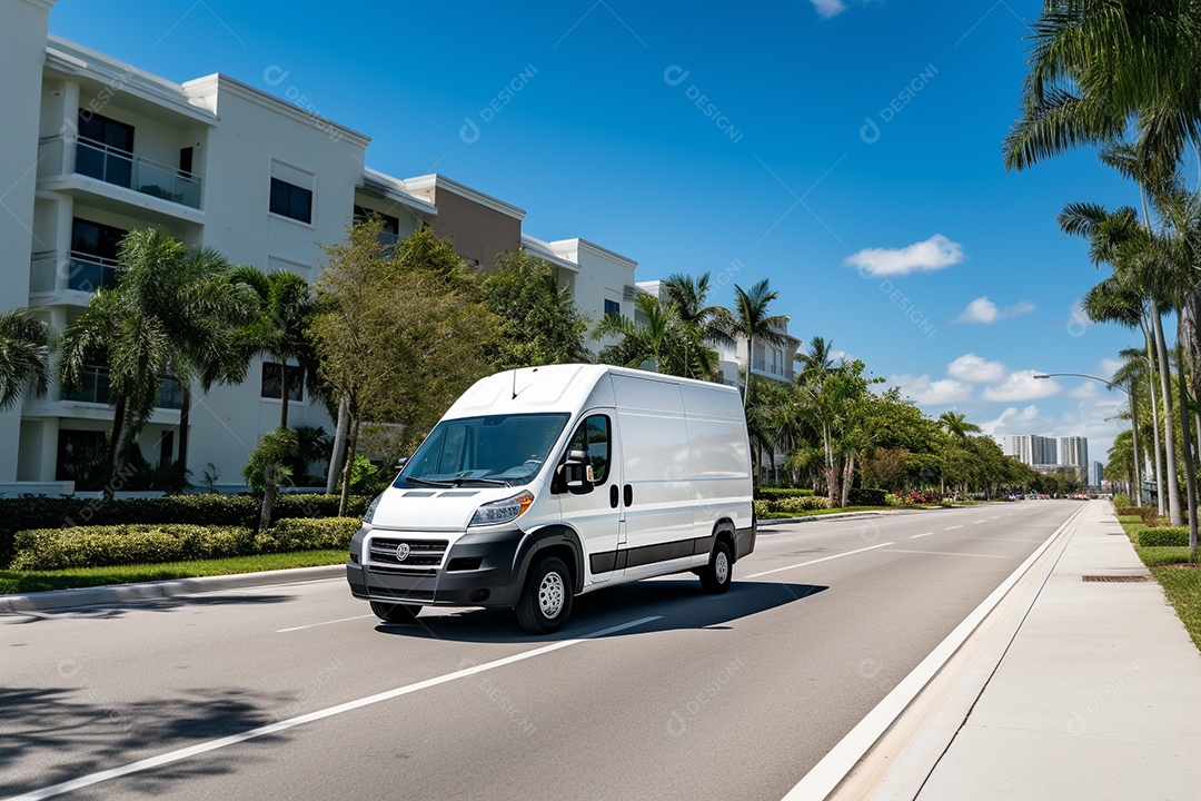 Uma van de carga branca com um trailer vazio em branco