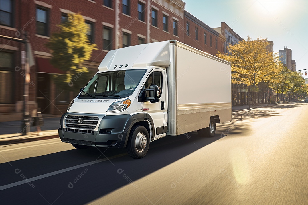 Uma van de carga branca com um trailer vazio em branco