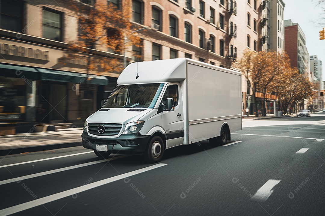 Uma van de carga branca com um trailer vazio em branco