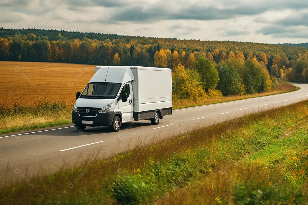 Uma van de carga branca com um trailer vazio em branco