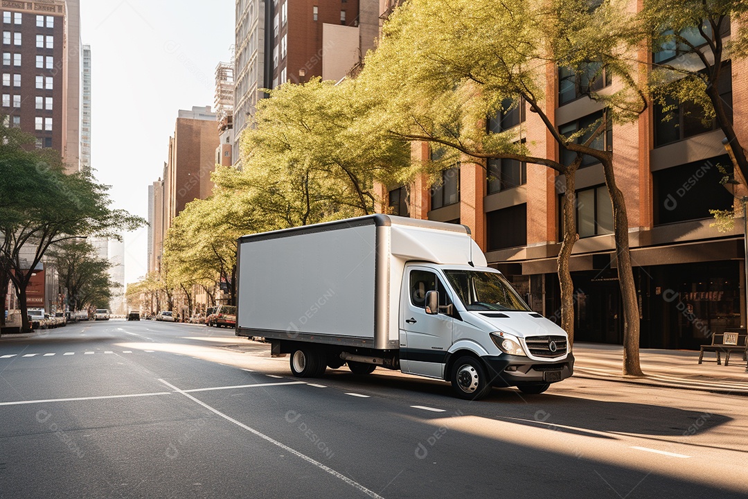 Uma van de carga branca com um trailer vazio em branco