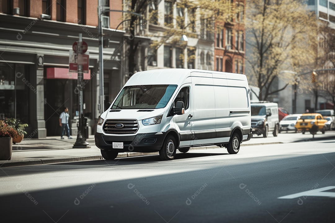 Uma van de carga branca com um trailer vazio em branco