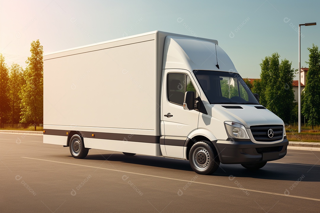 Uma van de carga branca com um trailer vazio em branco