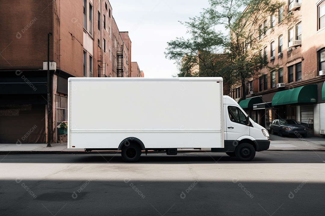 Uma van de carga branca com um trailer vazio em branco