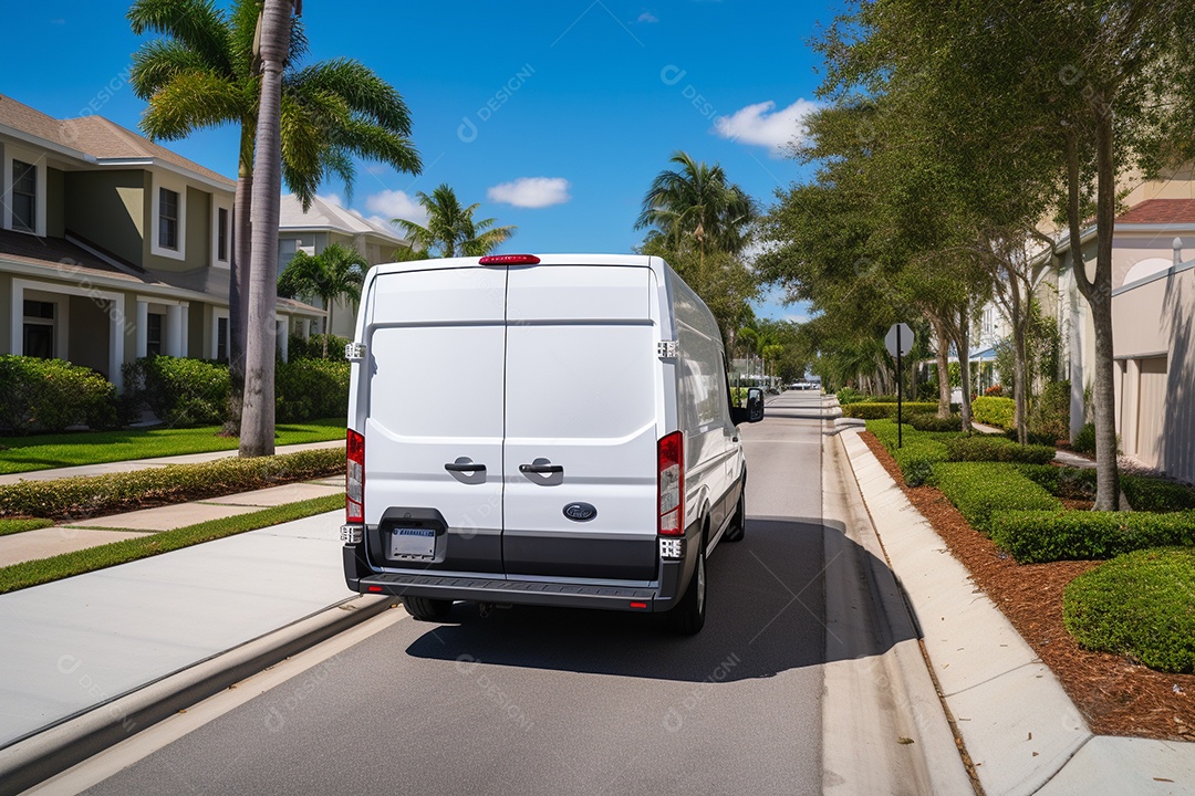 Uma van de carga branca com um trailer vazio em branco