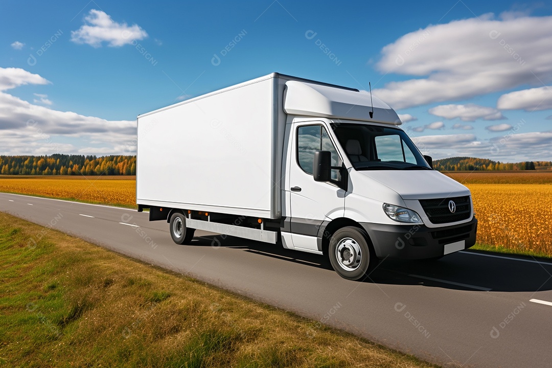 Uma van de carga branca com um trailer vazio em branco