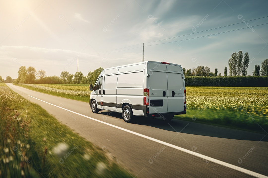 Uma van de carga branca com um trailer vazio em branco