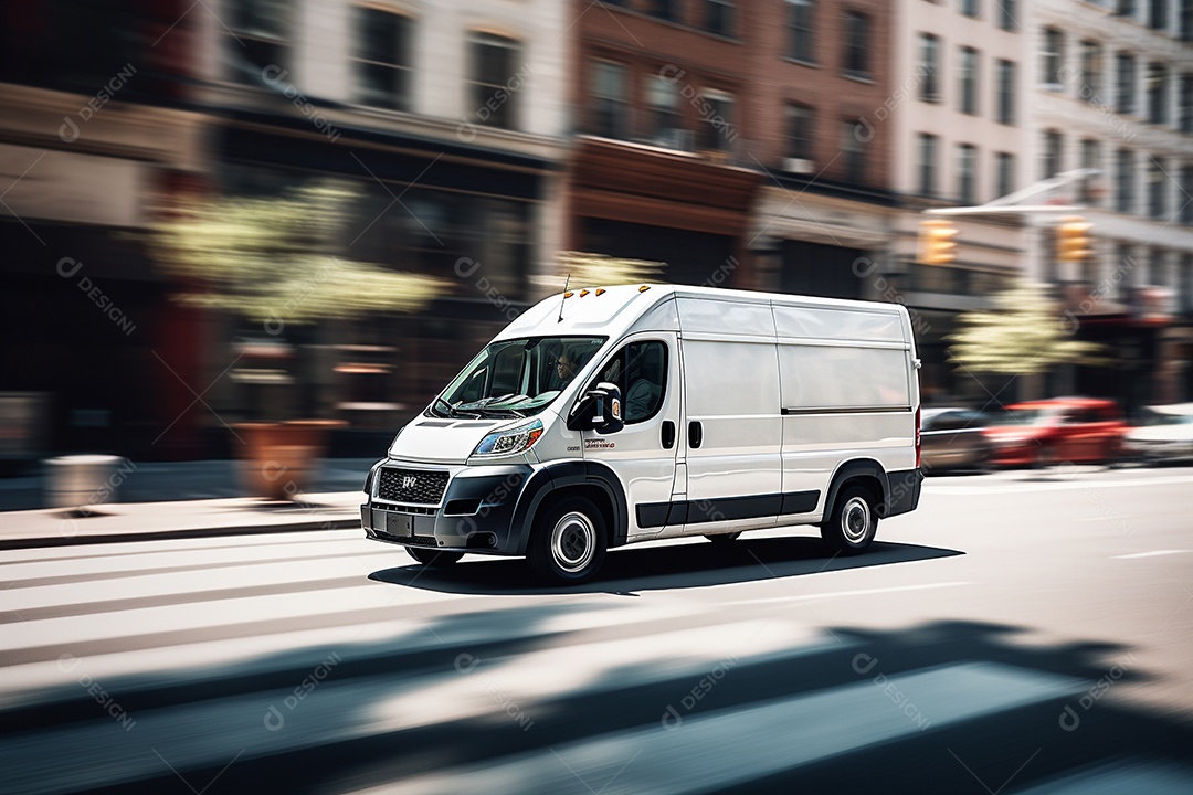 Uma van de carga branca com um trailer vazio em branco