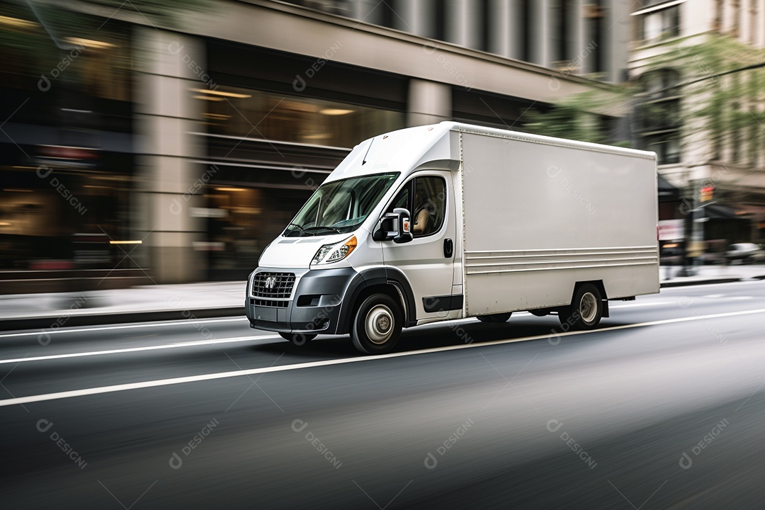 Uma van de carga branca com um trailer vazio em branco