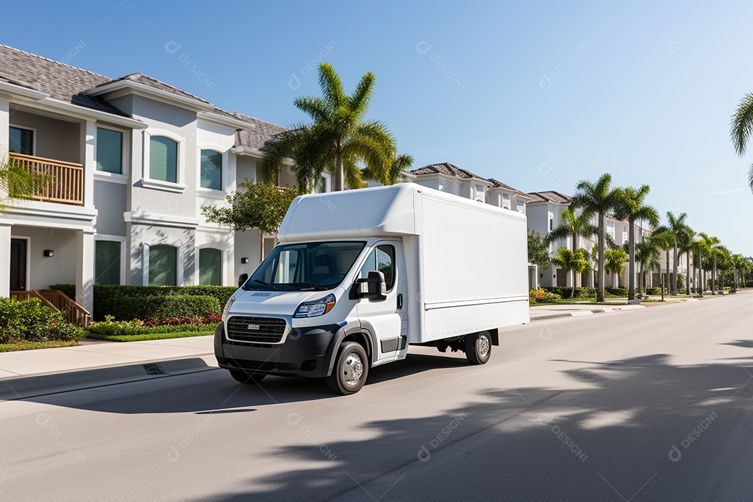 Uma van de carga branca com um trailer vazio em branco