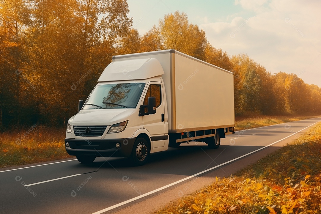 Uma van de carga branca com um trailer vazio em branco