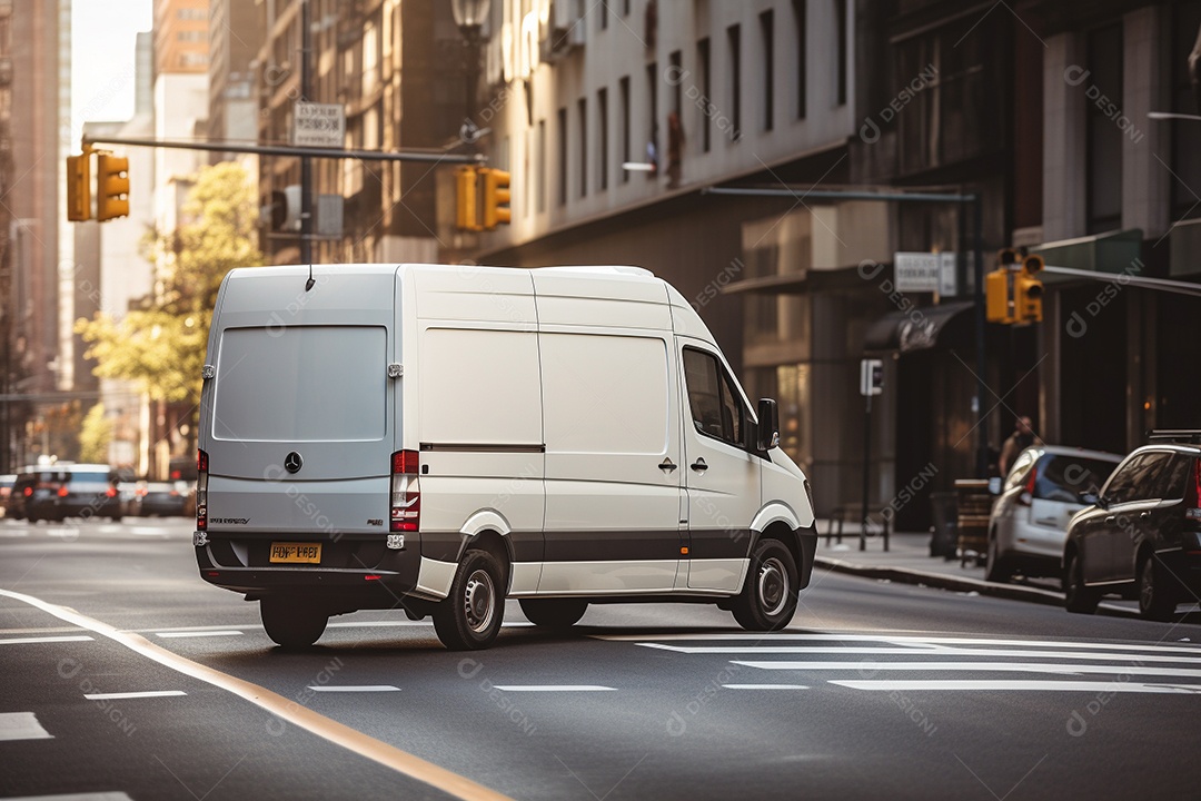 Uma van de carga branca com um trailer vazio em branco