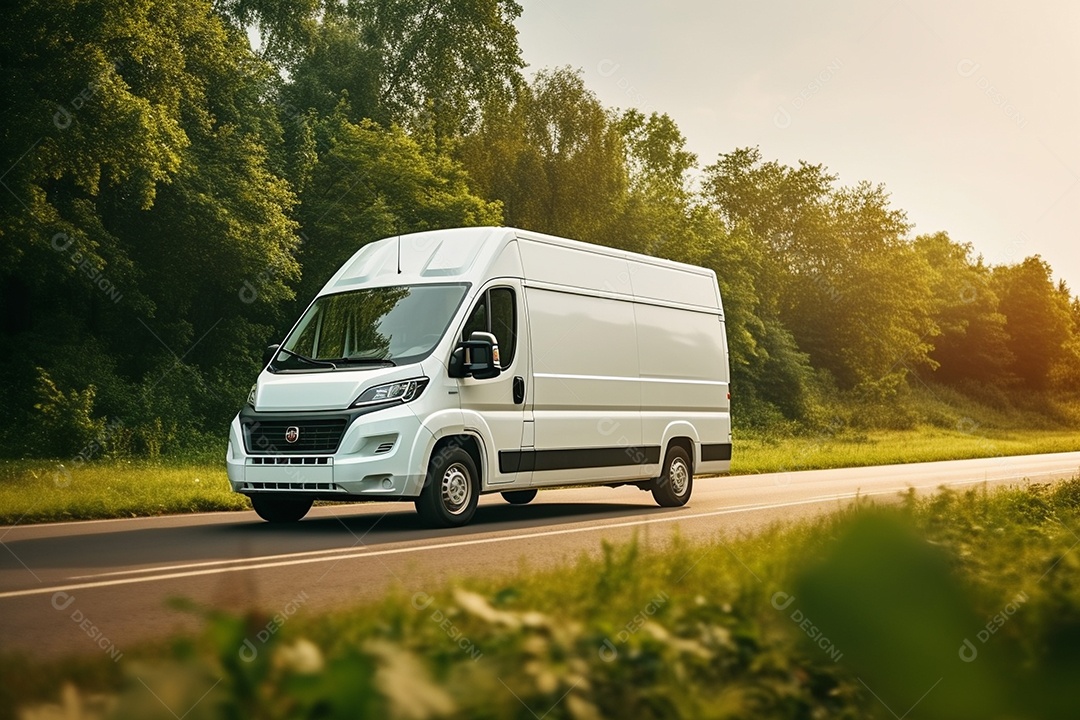 Uma van de carga branca com um trailer vazio em branco