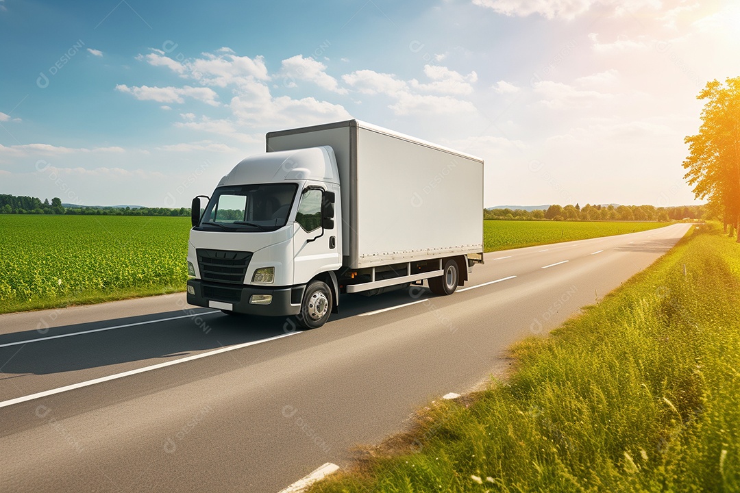 Uma van de carga branca com um trailer vazio em branco