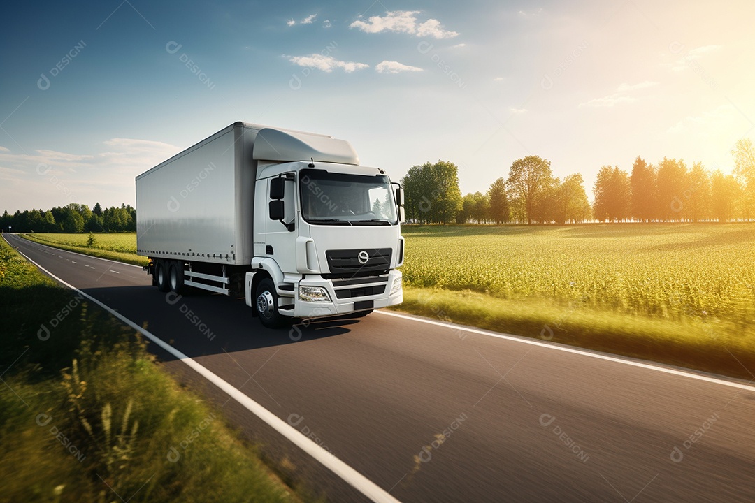 Uma van de carga branca com um trailer vazio em branco