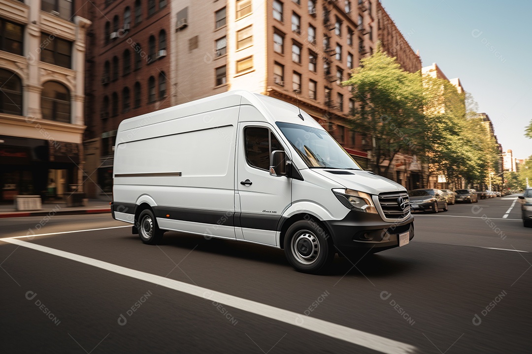 Uma van de carga branca com um trailer vazio em branco