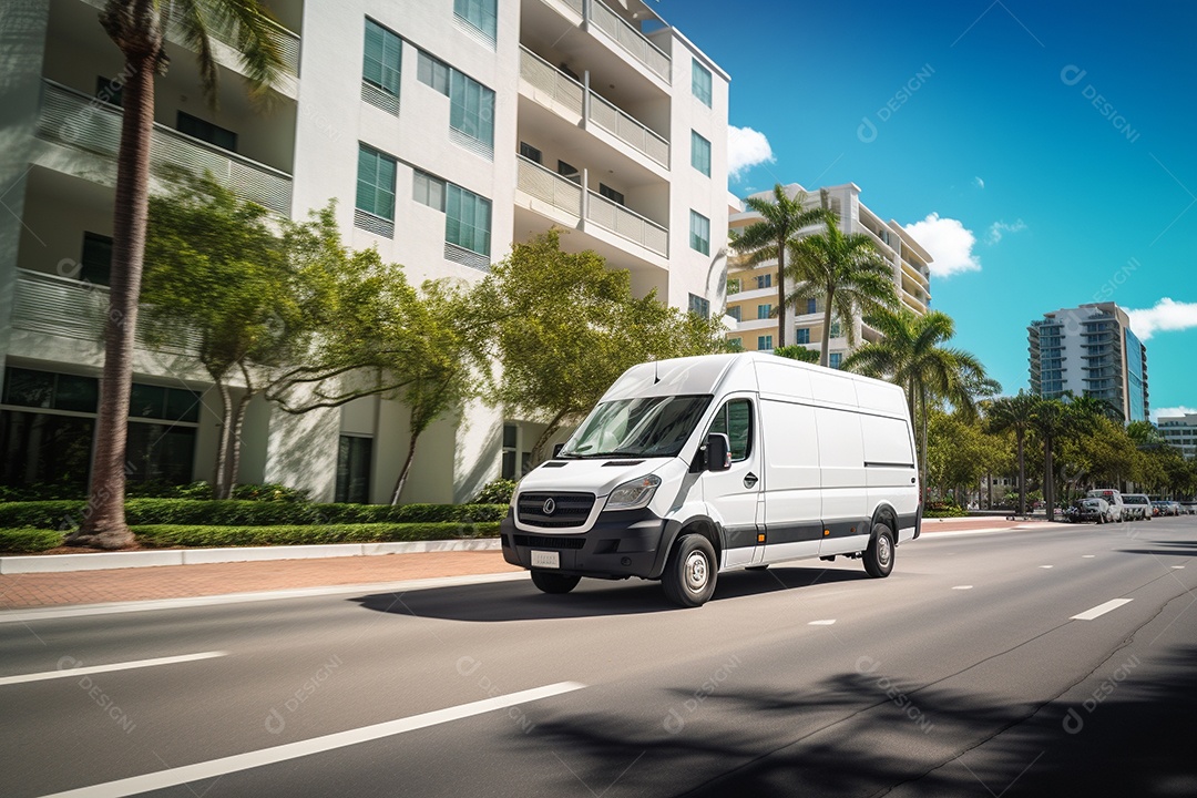 Uma van de carga branca com um trailer vazio em branco