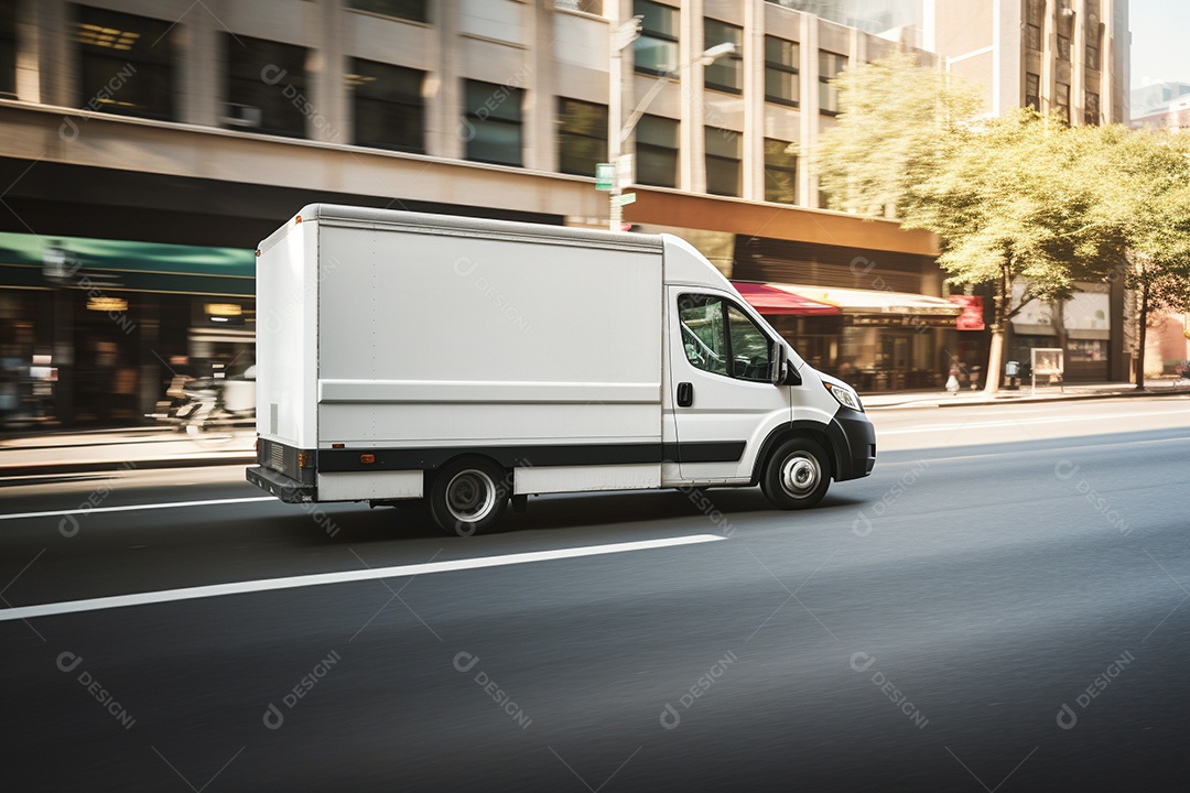 Uma van de carga branca com um trailer vazio em branco