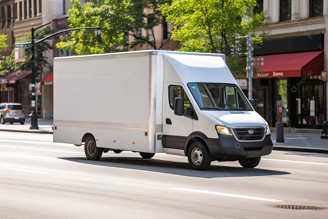 Uma van de carga branca com um trailer vazio em branco