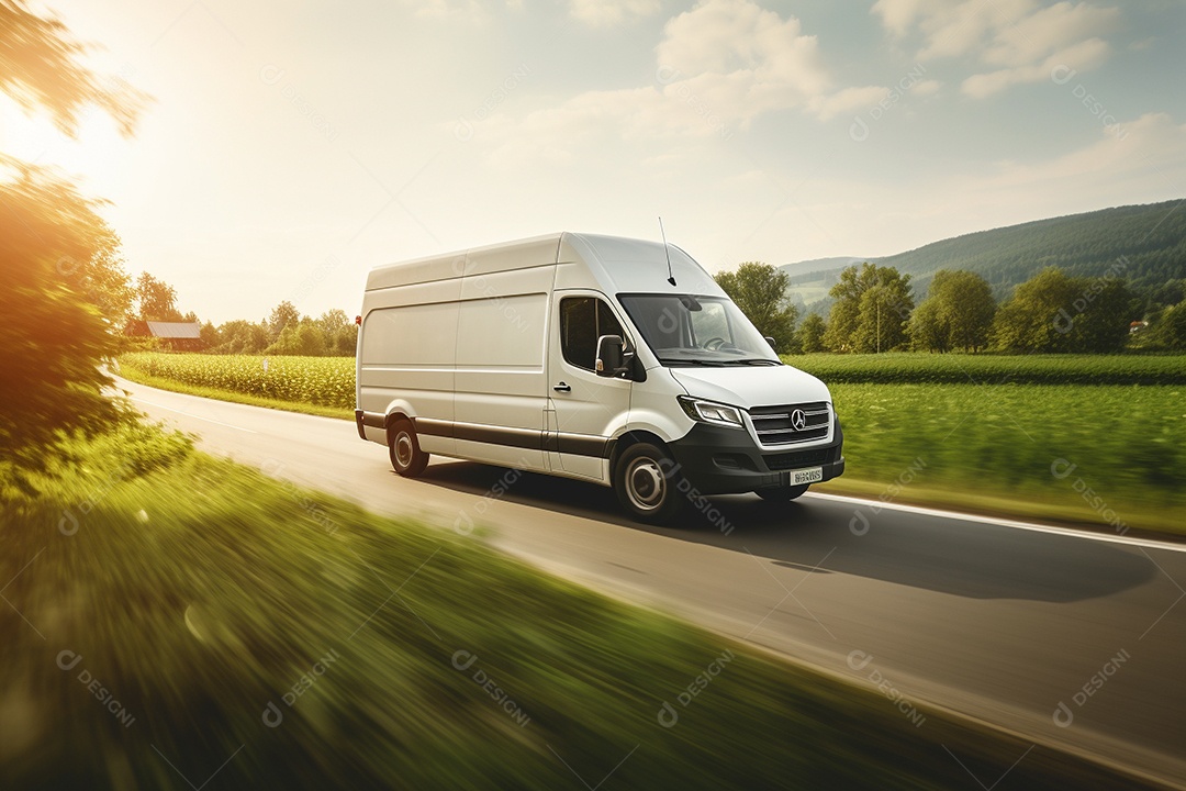 Uma van de carga branca com um trailer vazio em branco
