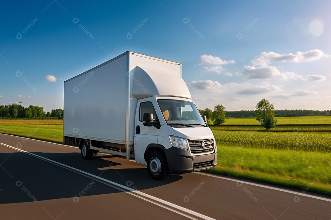 Uma van de carga branca com um trailer vazio em branco