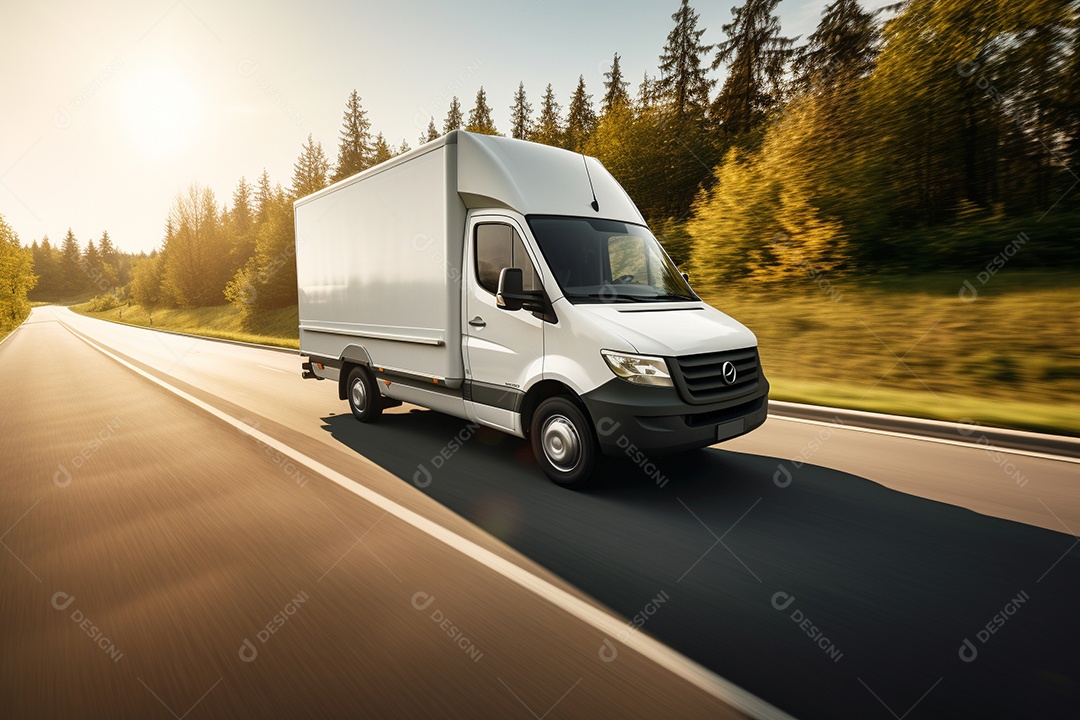 Uma van de carga branca com um trailer vazio em branco