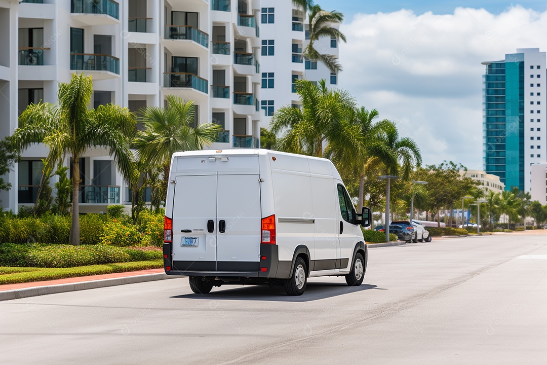 Uma van de carga branca com um trailer vazio em branco